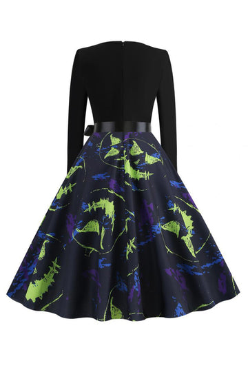 V Neck Black Halloween Printed Vintage Dress